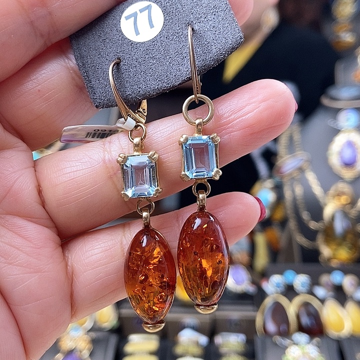 琥珀耳饰银S925镶嵌耳环