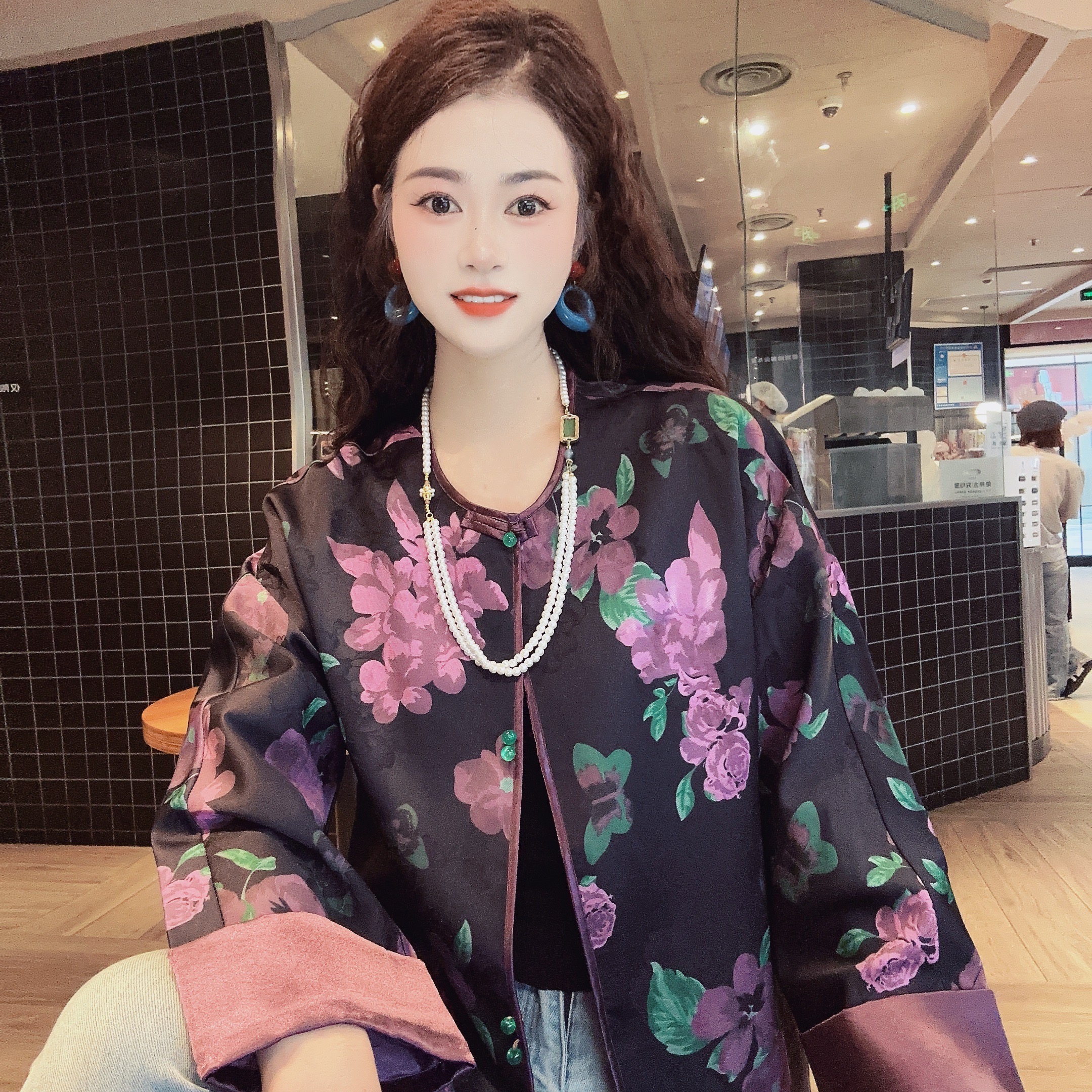 【紫丁香】新中式复古两色圆领国风花卉设计宽松显瘦秋款上衣PYX