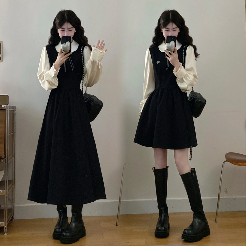 MO88ZSPF大小姐假两件经典徽标裙女微胖大码收腰学院风连衣裙女