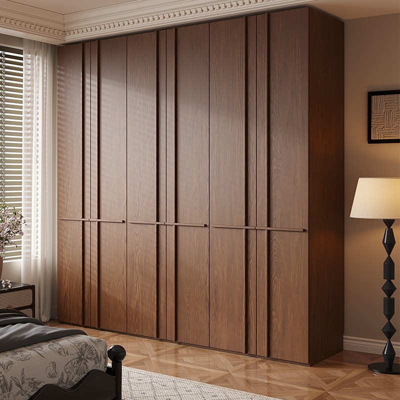 全实木橡木衣柜中古风骨骼条新款2025爆款家用主卧四六门柜子
