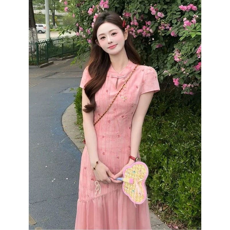 江南新中式晕染爱心刺绣旗袍假两件连衣裙2025年新款气质正肩长裙
