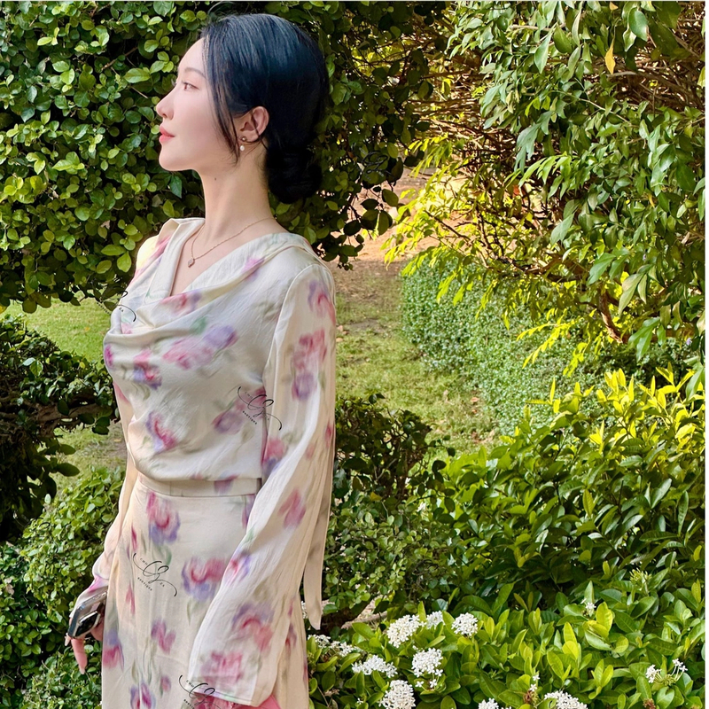 CHO&ZA【醉寐春棠】法式温婉风荡领碎花裙女设计感印花套装CZ006