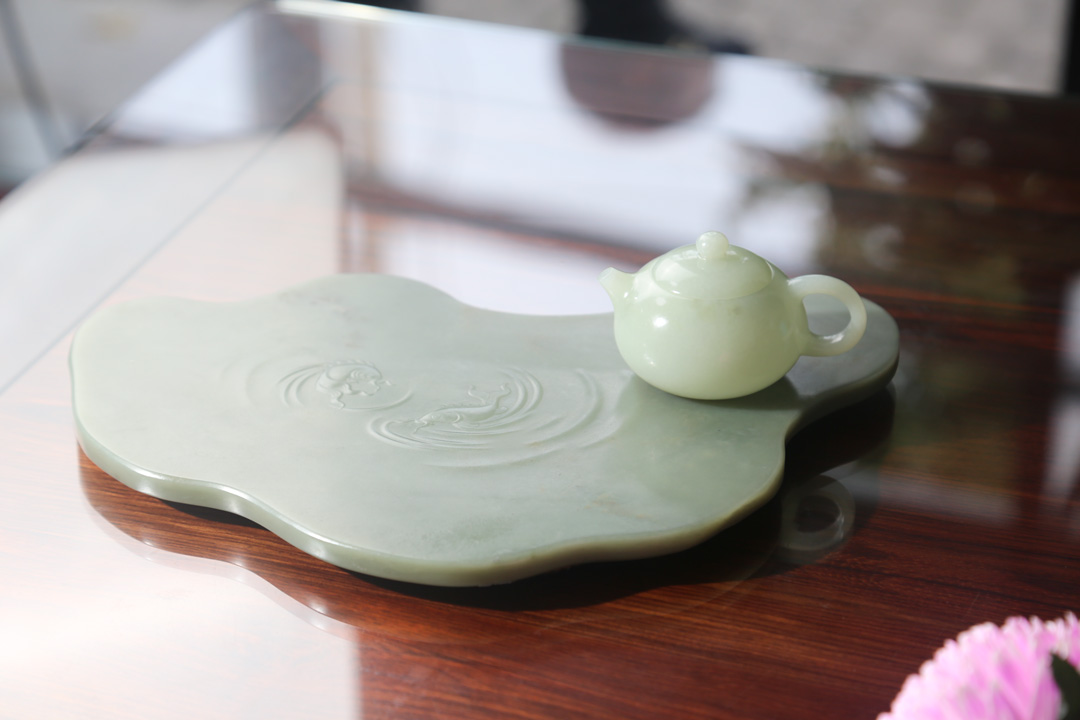 新疆和田玉双鱼茶盘干泡台摆件