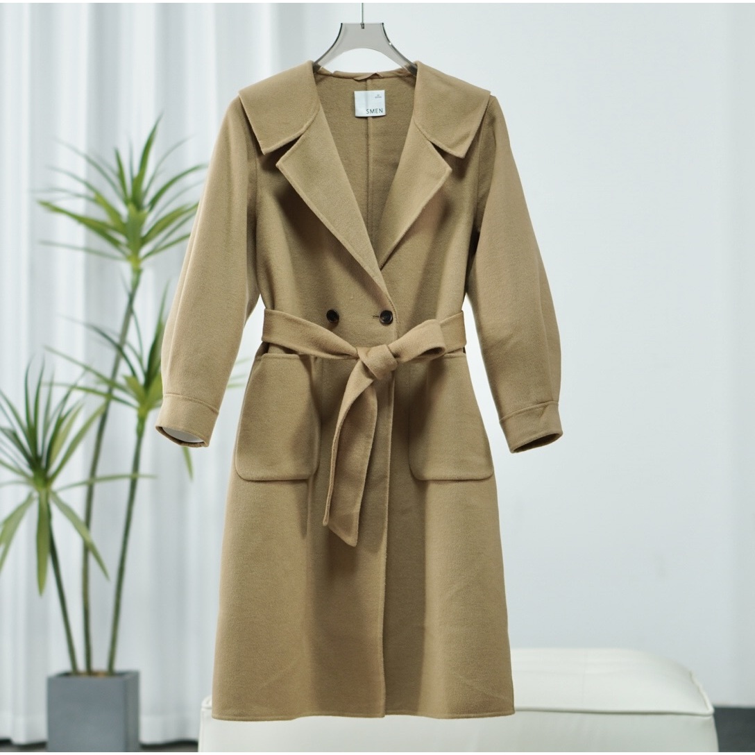 【诗M】E021-5  女装秋冬长款双排扣双面毛呢大衣卡其2598580