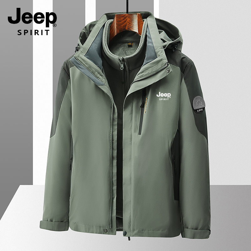JEEPSPIRIT吉普男女三合一冲锋衣可拆卸内胆防风登山夹克情侣外套