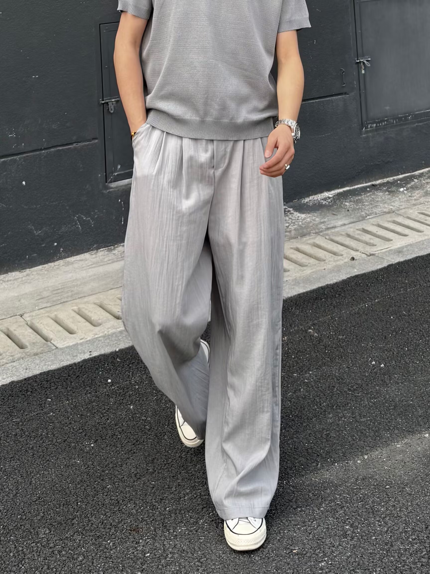 欧阳同学 薄款垂感夏季长裤直筒松紧腰宽松休闲裤