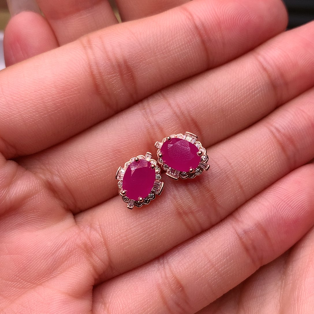 红宝石耳饰银S925镶嵌