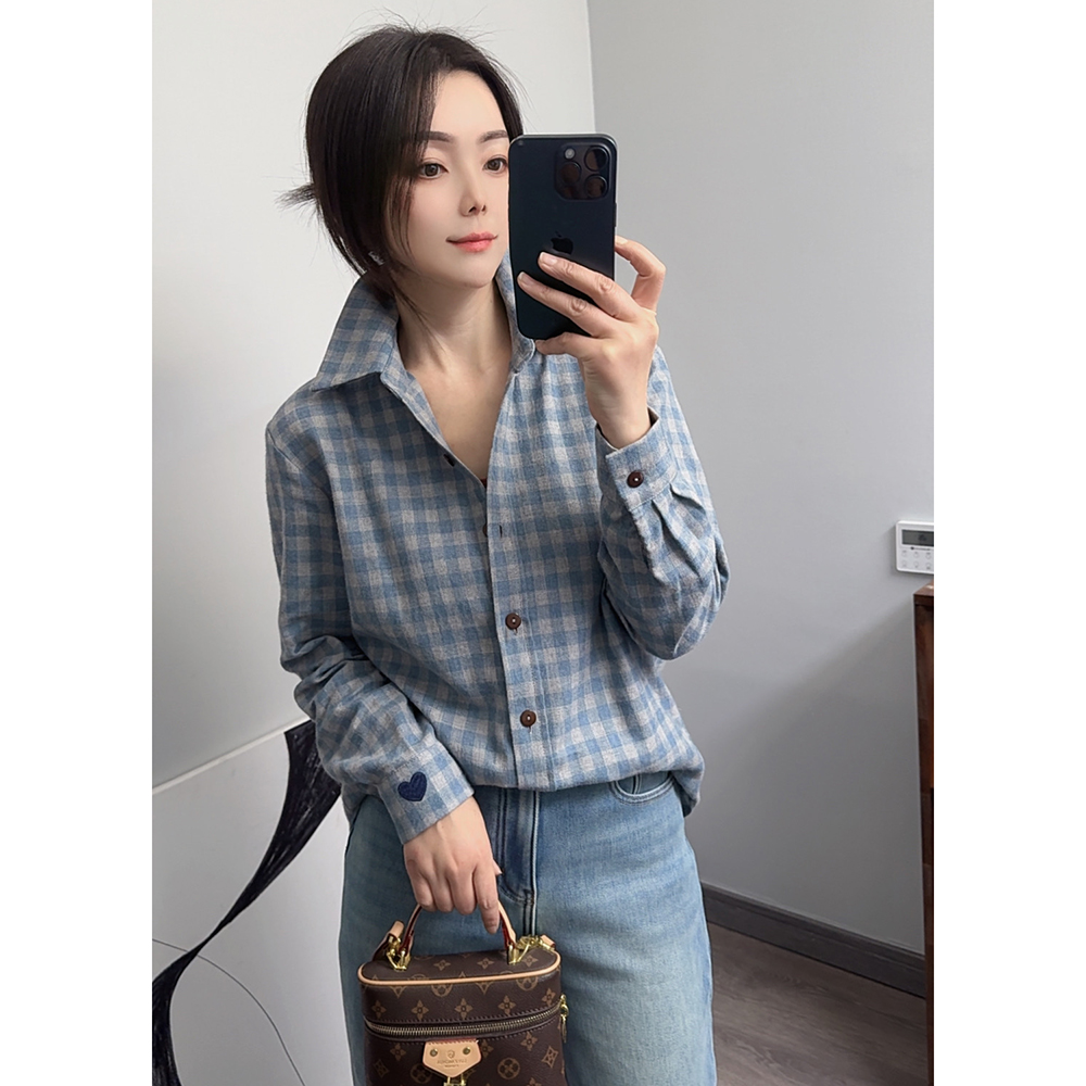 显白复古韩版格子衬衫女复古磨毛棉质显瘦叠穿衬衣气质打底上衣