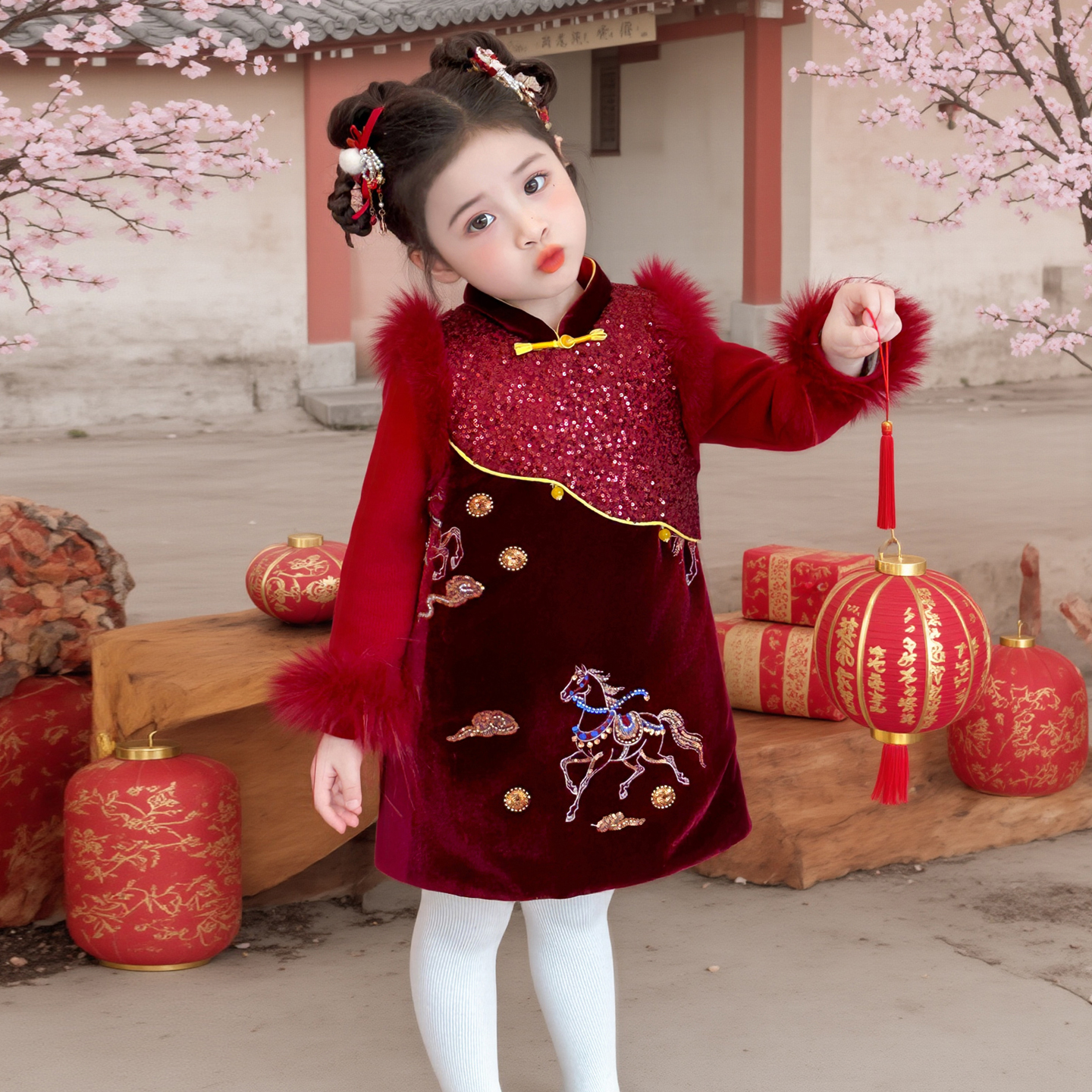 女童2026冬装新款拜年服儿童加绒加厚连衣裙打底衫两件套女宝喜庆