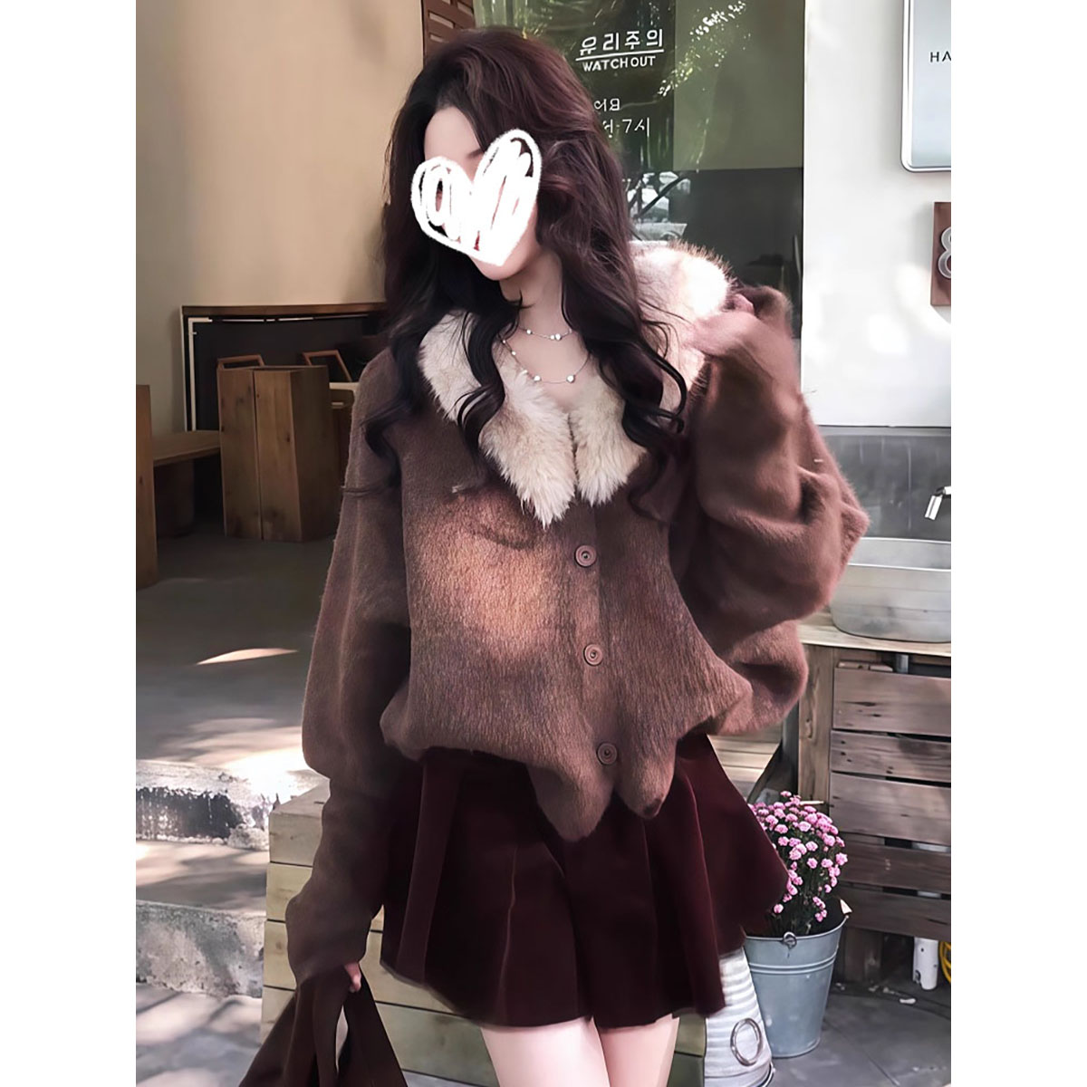 【3885】韩系复古棕色毛领针织毛衣外套女慵懒风休闲宽松开衫上衣