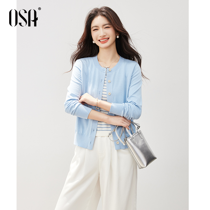 OSA盐系假两件条纹针织开衫女秋圆领时尚百搭气质衣服S125C16006