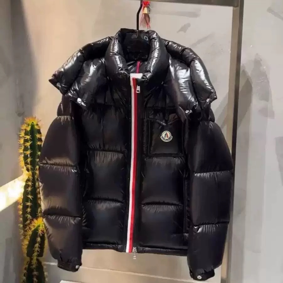 新款轻奢经典黑色亮面可拆卸连帽羽绒服男款加厚小众外套潮流百搭