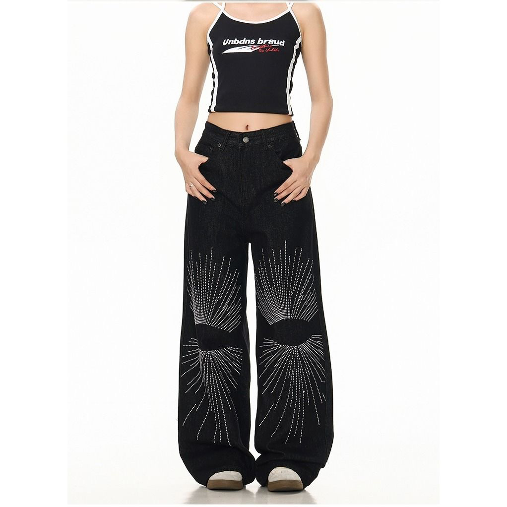 美式复古小众设计感黑色牛仔裤男女高街cleanfit宽松阔腿长裤