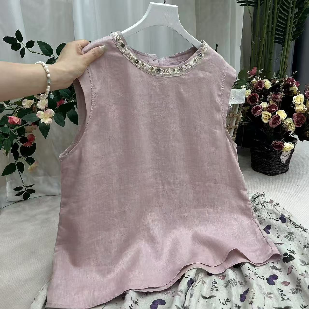 夏季新款韩版休闲文艺风亚麻小衫女士背心款上衣