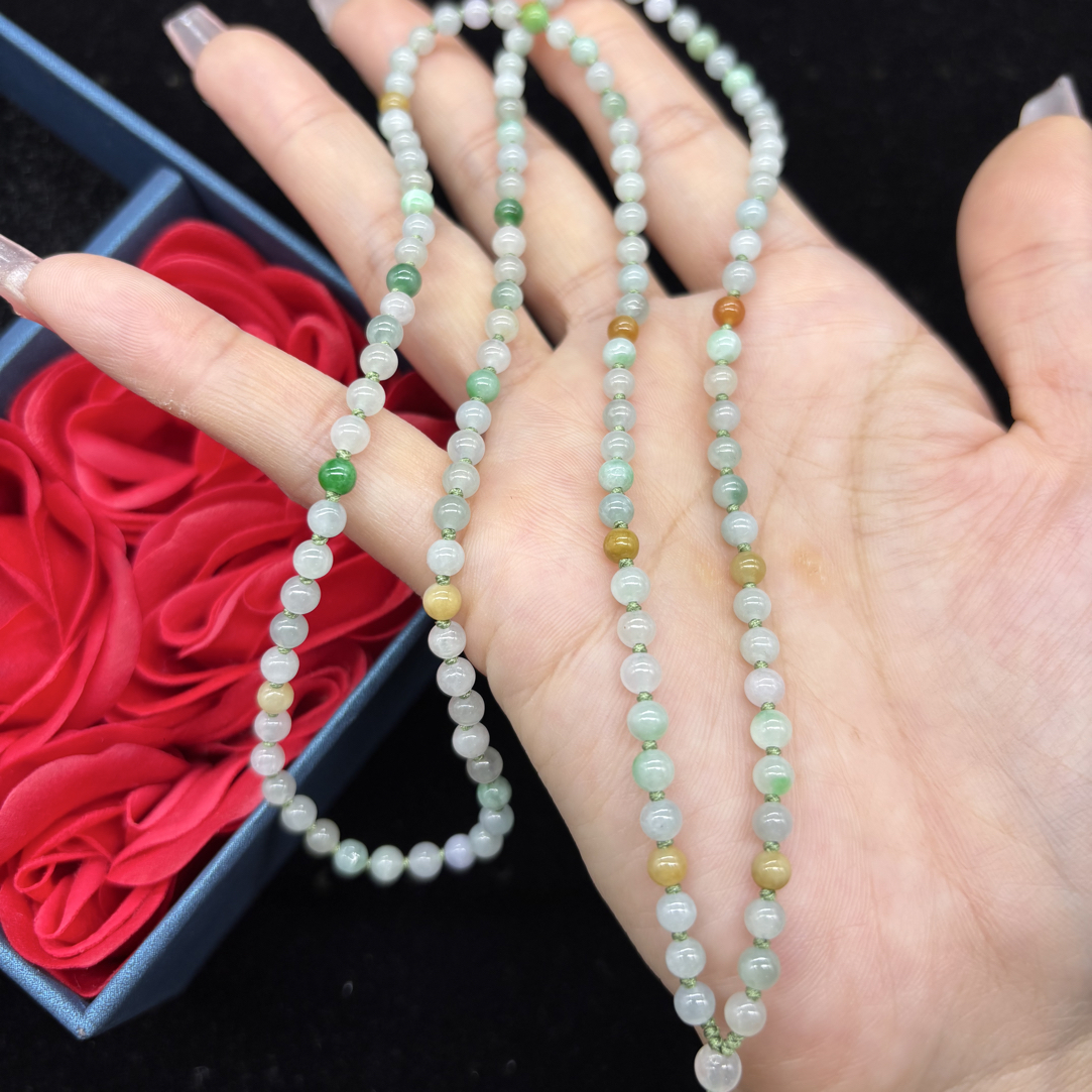 福利天然缅甸翡翠A货糯冰种三彩圆珠4mm米珠玉石挂件绳毛衣链百搭