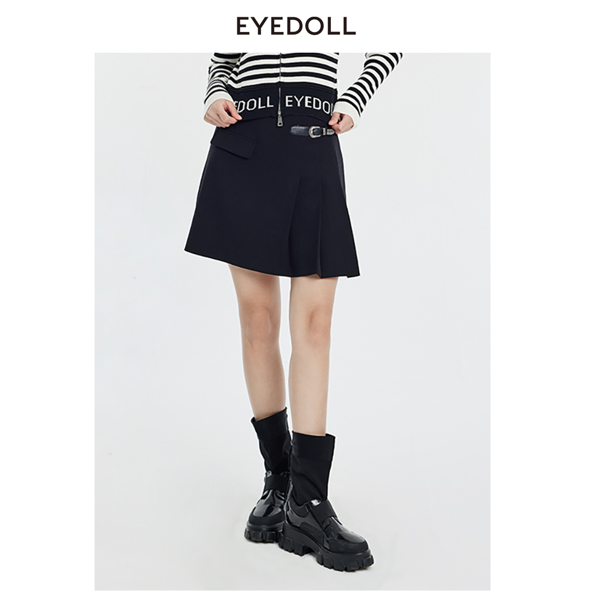 EYEDOLL冬季新款A字黑色百褶短半裙EOD402Z