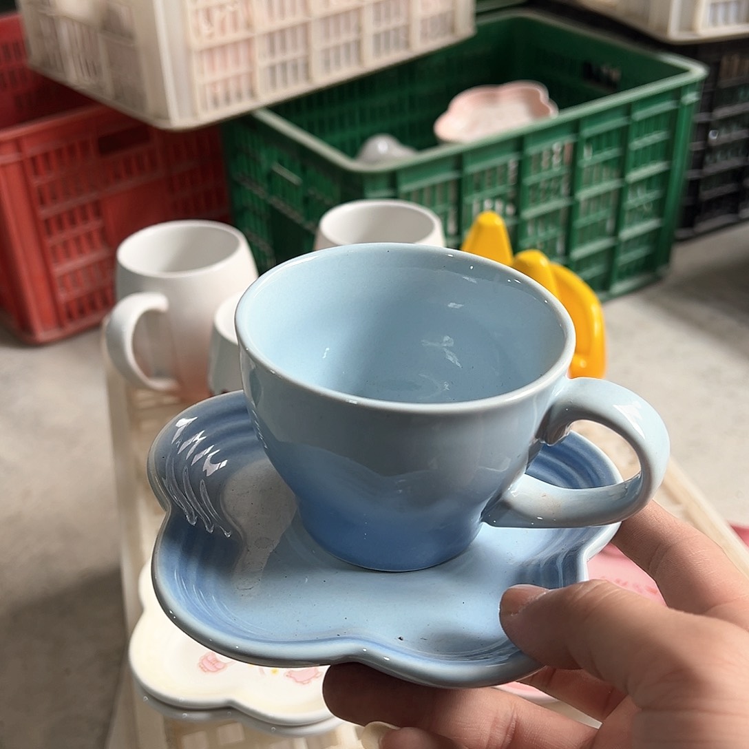 陶瓷 天蓝色 咖啡杯 小梅花碟