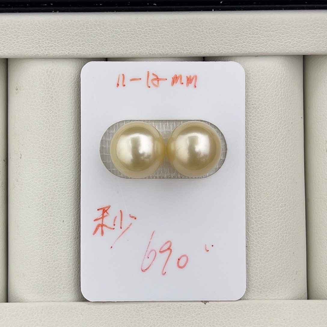 定制海水珍珠未镶嵌裸珠近圆奶油金对珠11-12mm