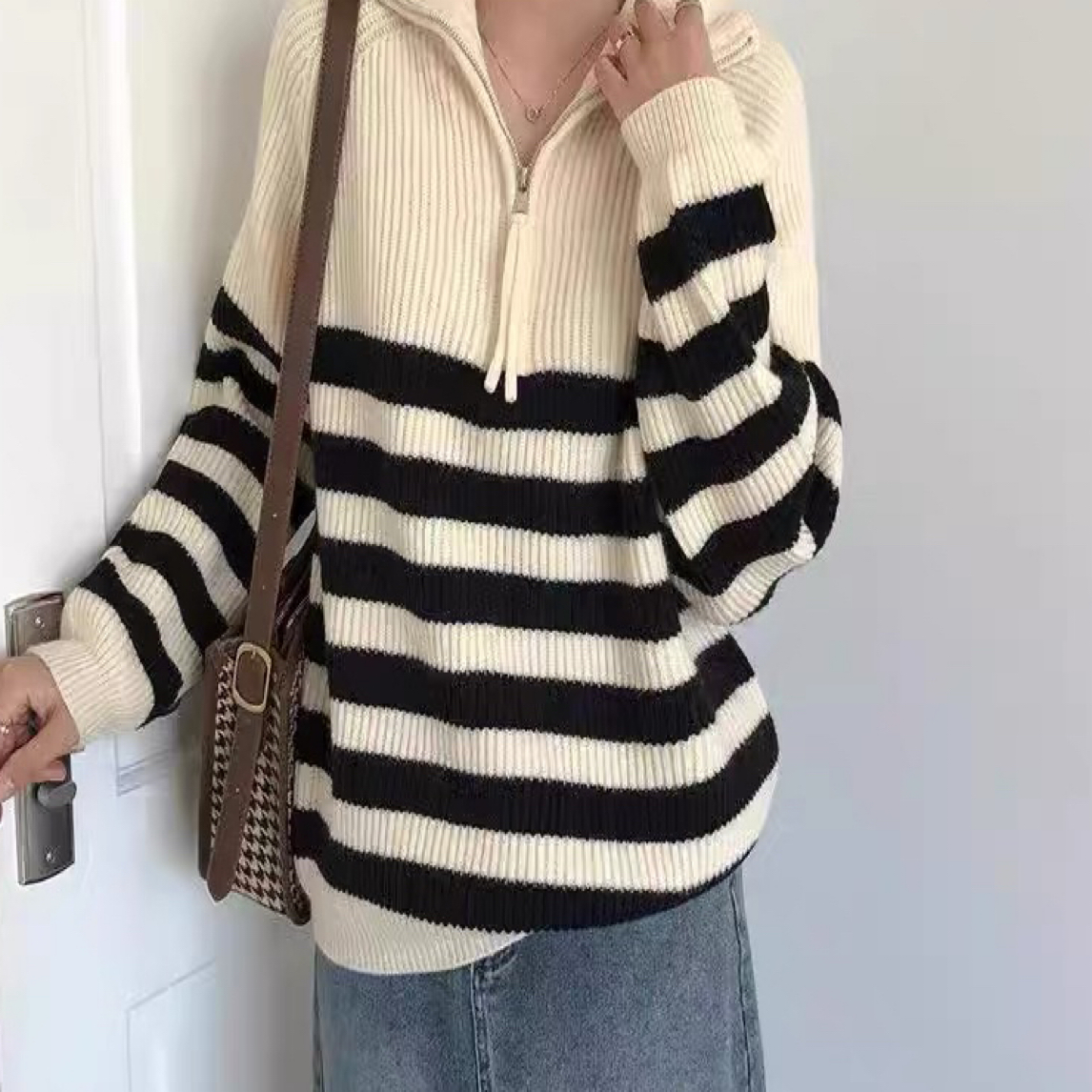 半拉链立领条纹毛衣女宽松慵懒风撞色长袖秋冬新款针织打底上衣