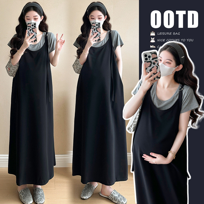 【苏安诺】夏装孕妇装2025新款宽松短袖T恤上衣+吊带连衣裙两件套