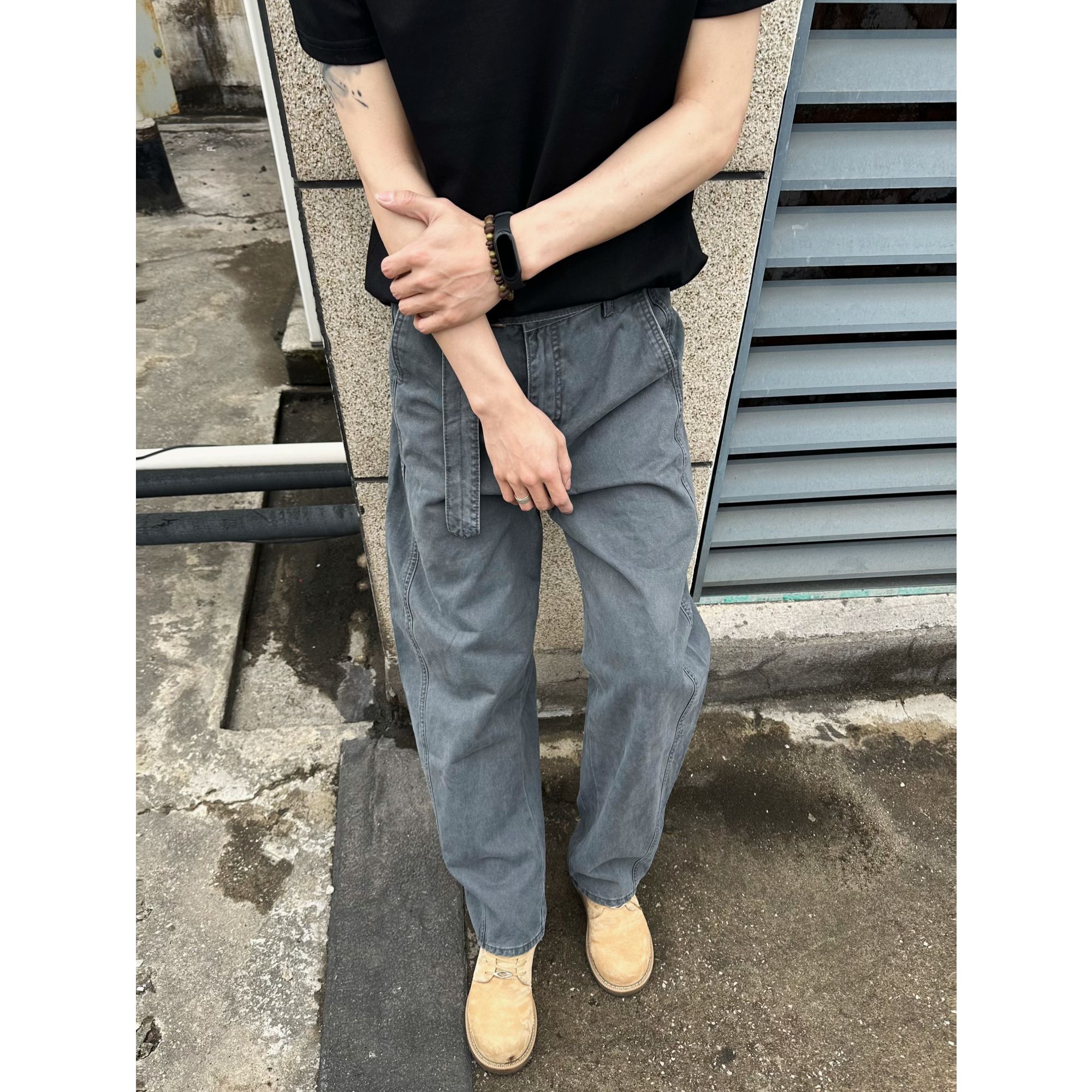 秋季新款飘带弯刀牛仔裤男美式高街潮流百搭石磨纯色系宽松休闲裤