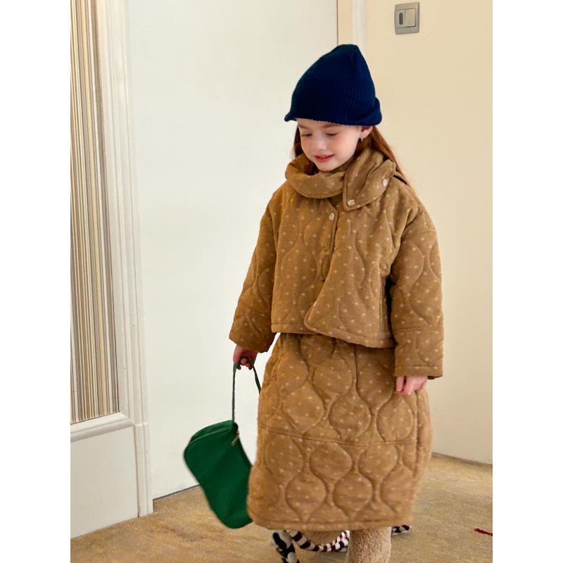2025冬季女童棉服加厚压纹圆点洋气保暖棉服上衣+半身裙两件套