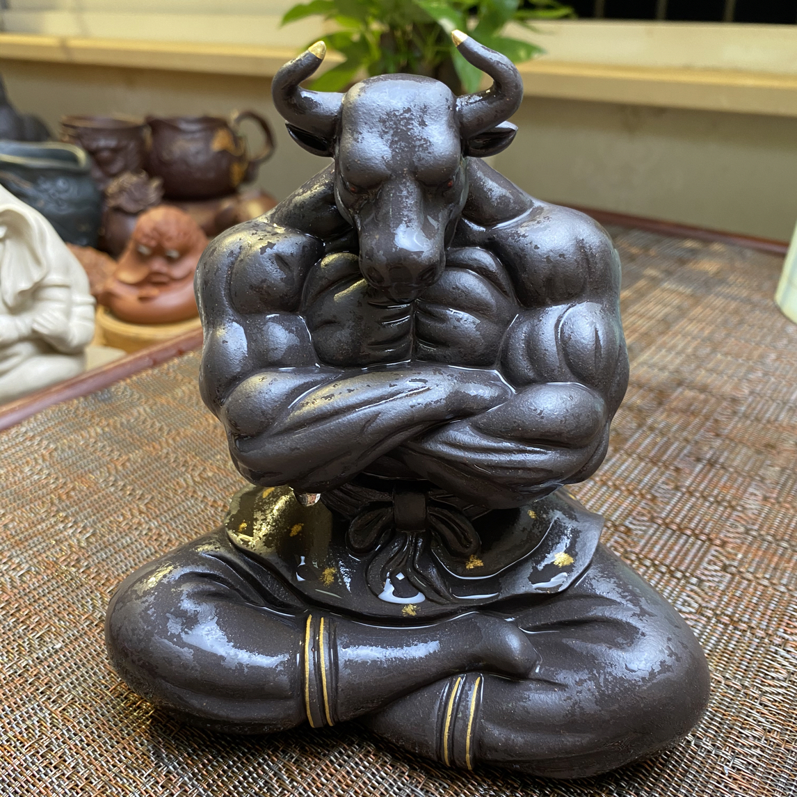 原矿黑泥全手工紫砂描金般若羊白石茶宠紫砂茶宠高16宽14.5
