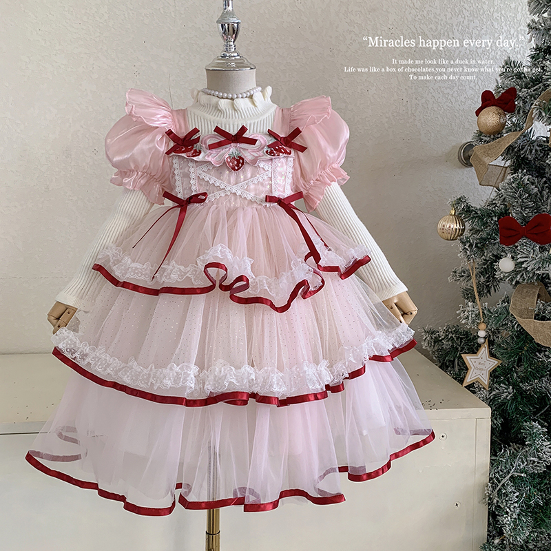 【本妈】2025秋“草莓蛋糕“女童针织拼接网纱洛丽塔连衣裙25883