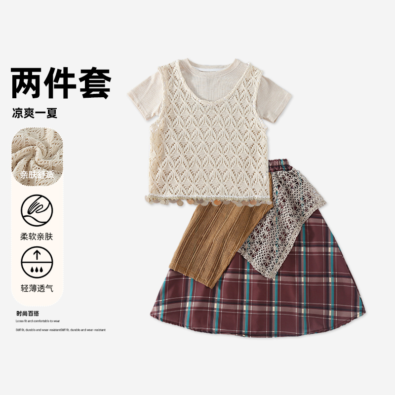 【满天星专属】新款儿童复古文艺风马甲打底拼色蛋糕裙三件套HCB341