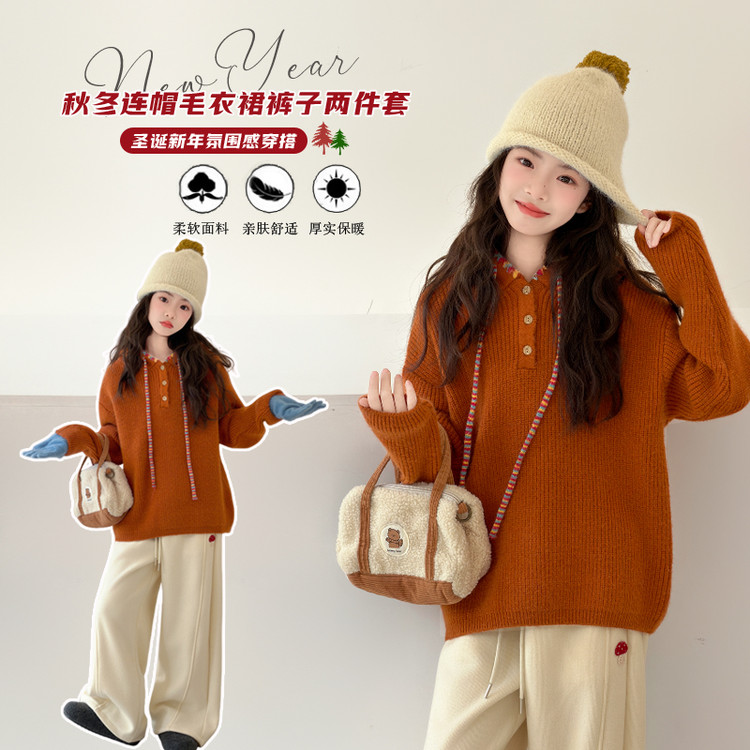 女童秋冬款韩版休闲连帽加厚毛衣加绒裤子套装中大童洋气儿童冬装
