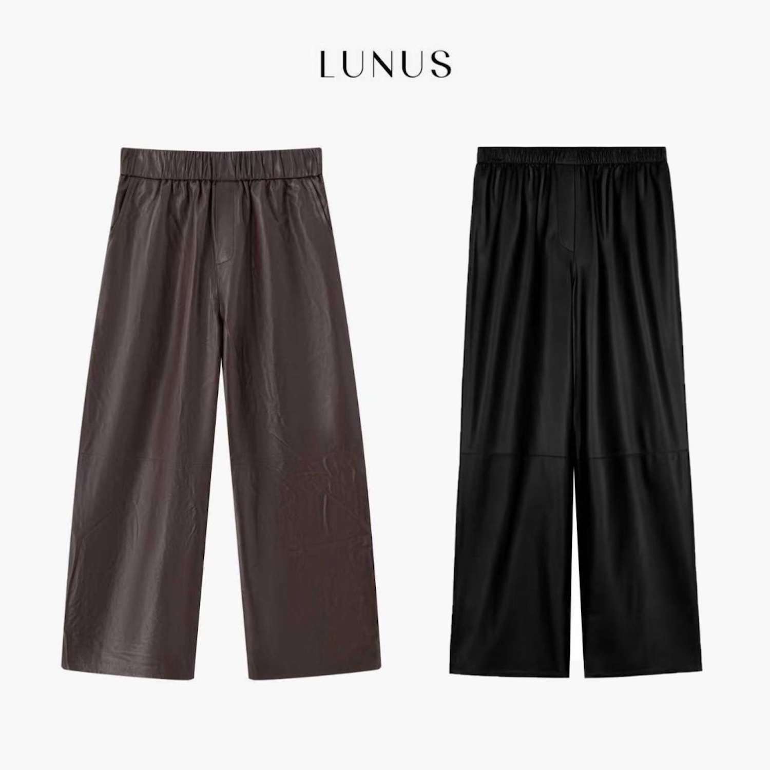 LUNUS「千秋雪」全植鞣超柔羊皮真皮松紧腰直筒阔腿显瘦九分黑色皮