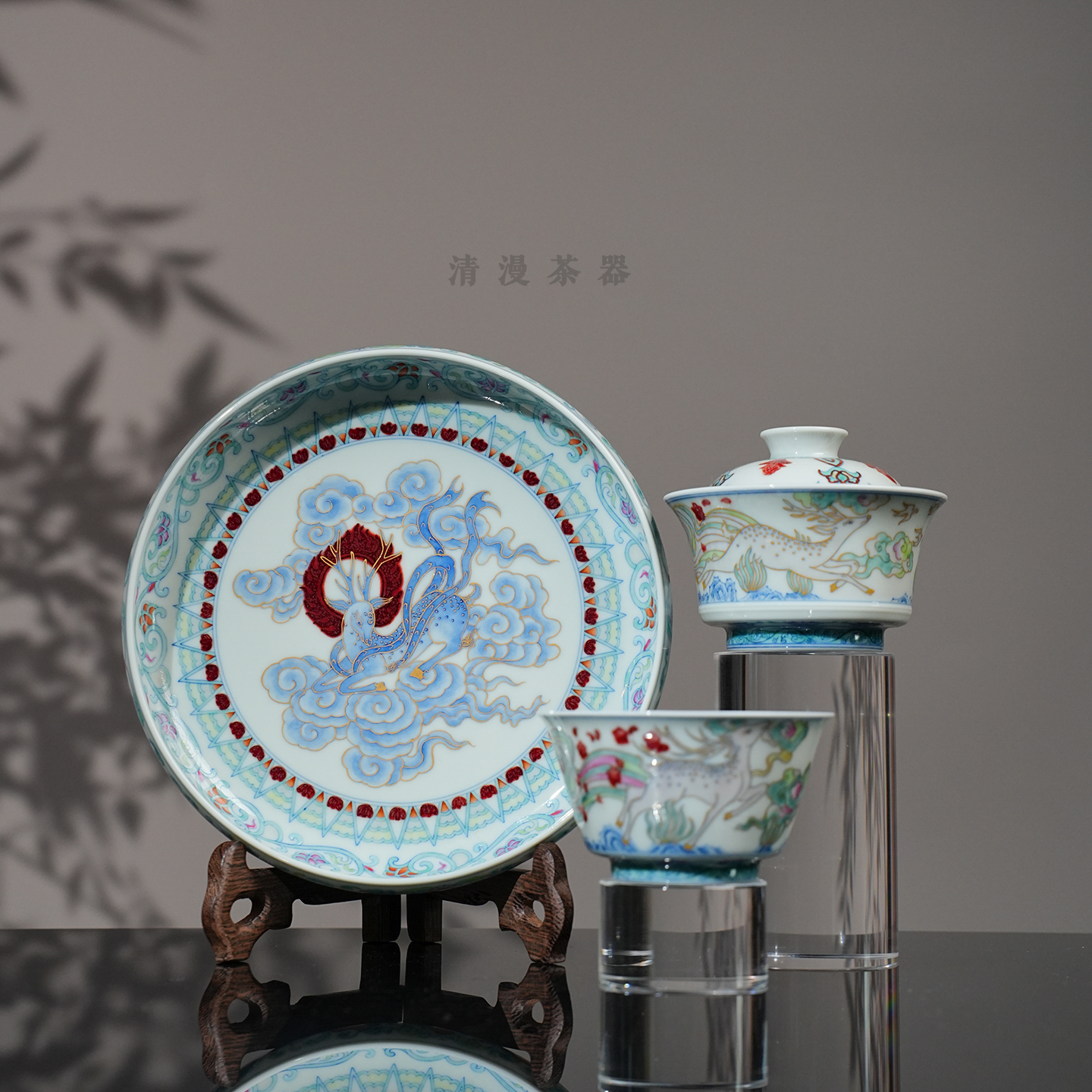 屹朴堂青花釉里红九色鹿茶具 高档全手工手绘茶具送礼喝茶茶碗