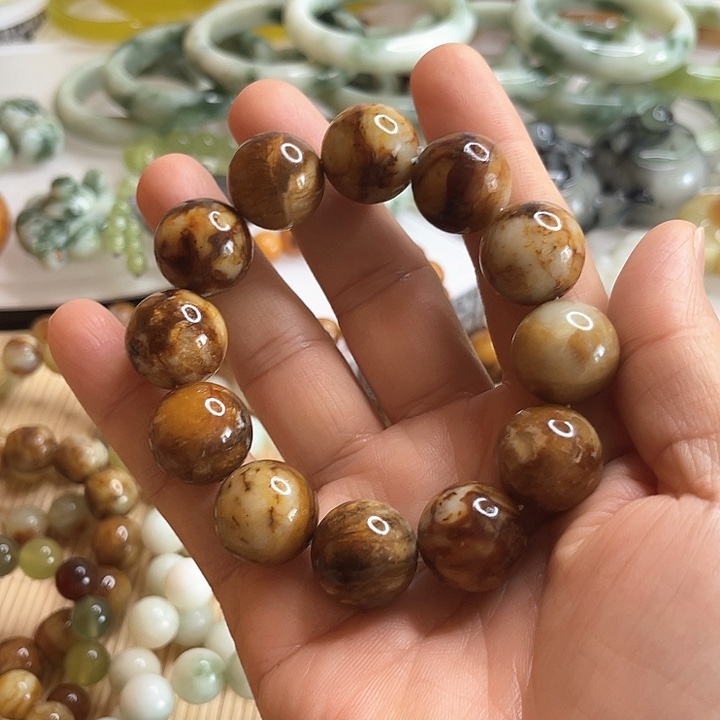 岫玉合金珠宝奇石花玉手串