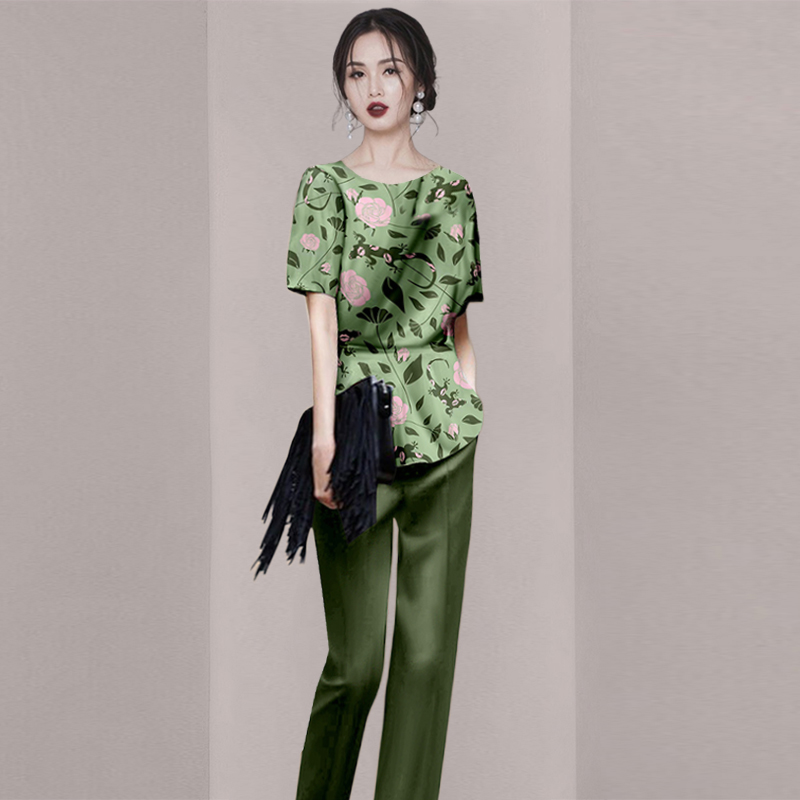 时尚套装阔腿裤复古休闲洋气夏季时尚印花绿色宽松圆领女装