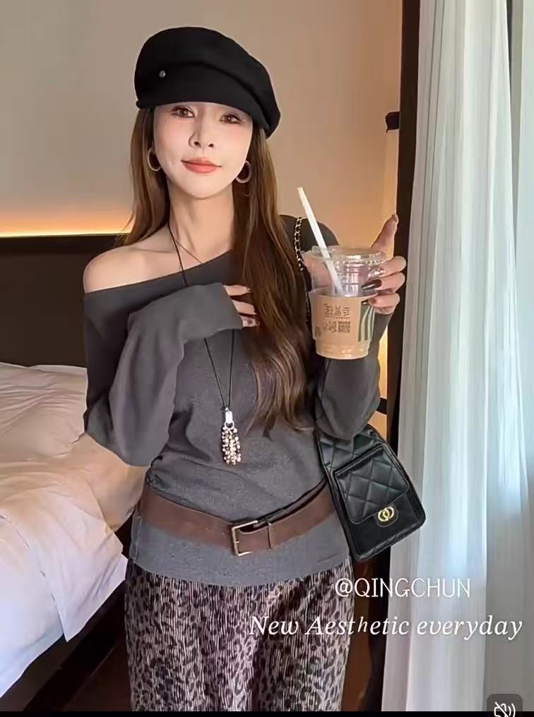 99822辣妹风针织纯色常规毛针织衫豹纹裙子套装c5-22