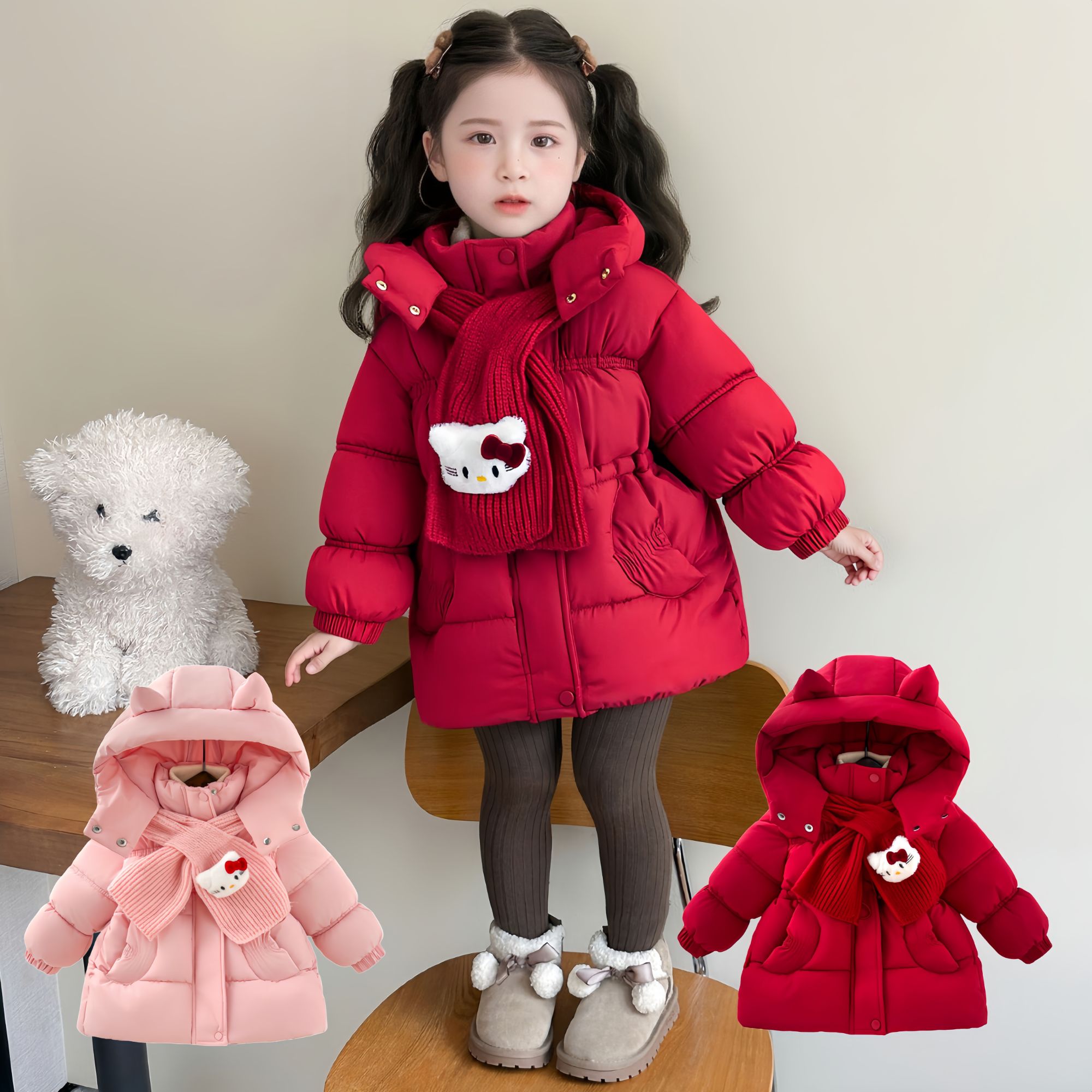 加绒加厚款女宝女童中长款棉连帽保暖女童棉服 卡通女孩棉衣外套