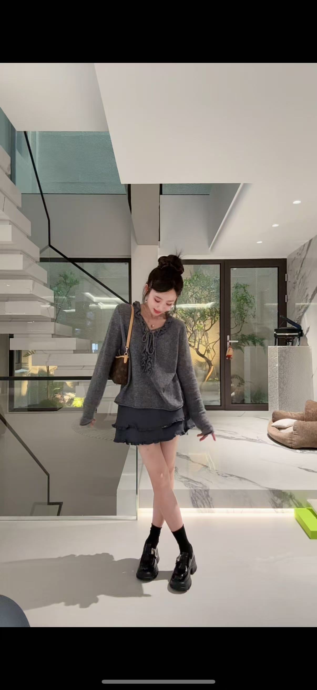 YX五ZZ202509245新款木耳边领套头羊绒针织上衣长袖显瘦百搭