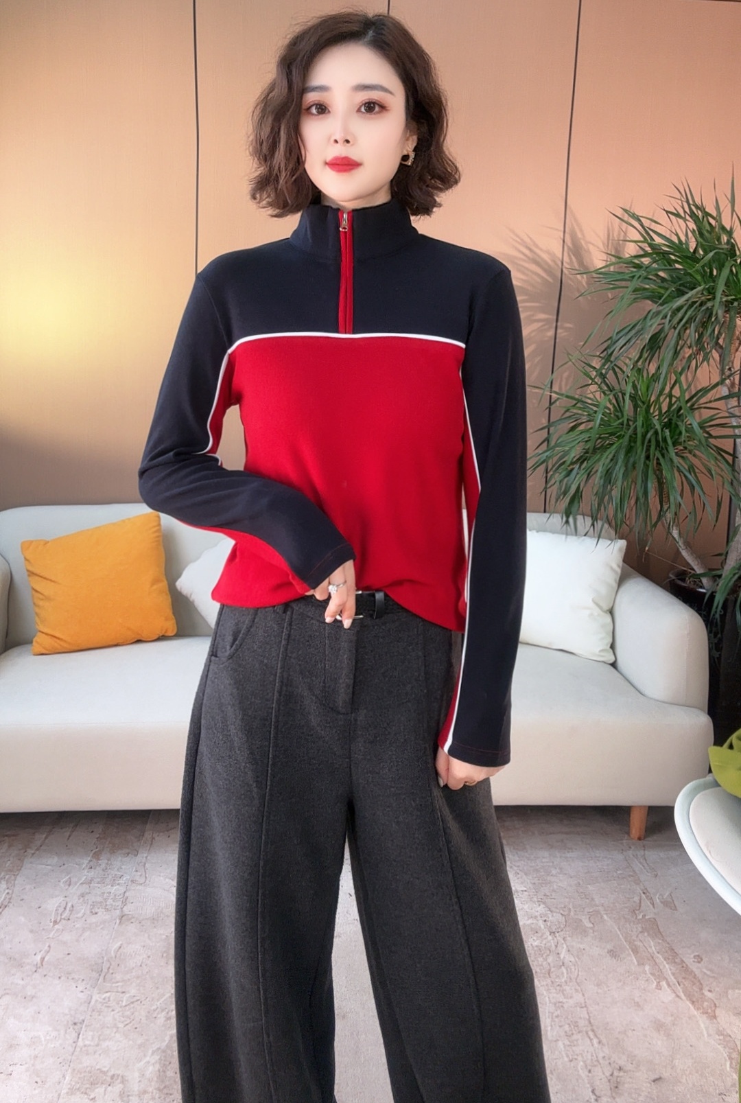 秋冬拼接撞色半拉链双面奥绒打底单穿卫衣保暖休闲女士上衣11.7