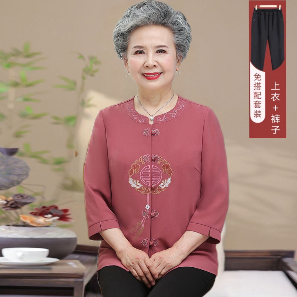 奶奶七分袖唐装刺绣衬衫女春夏中老年人妈妈喜婆婆婚宴装寿礼衣服