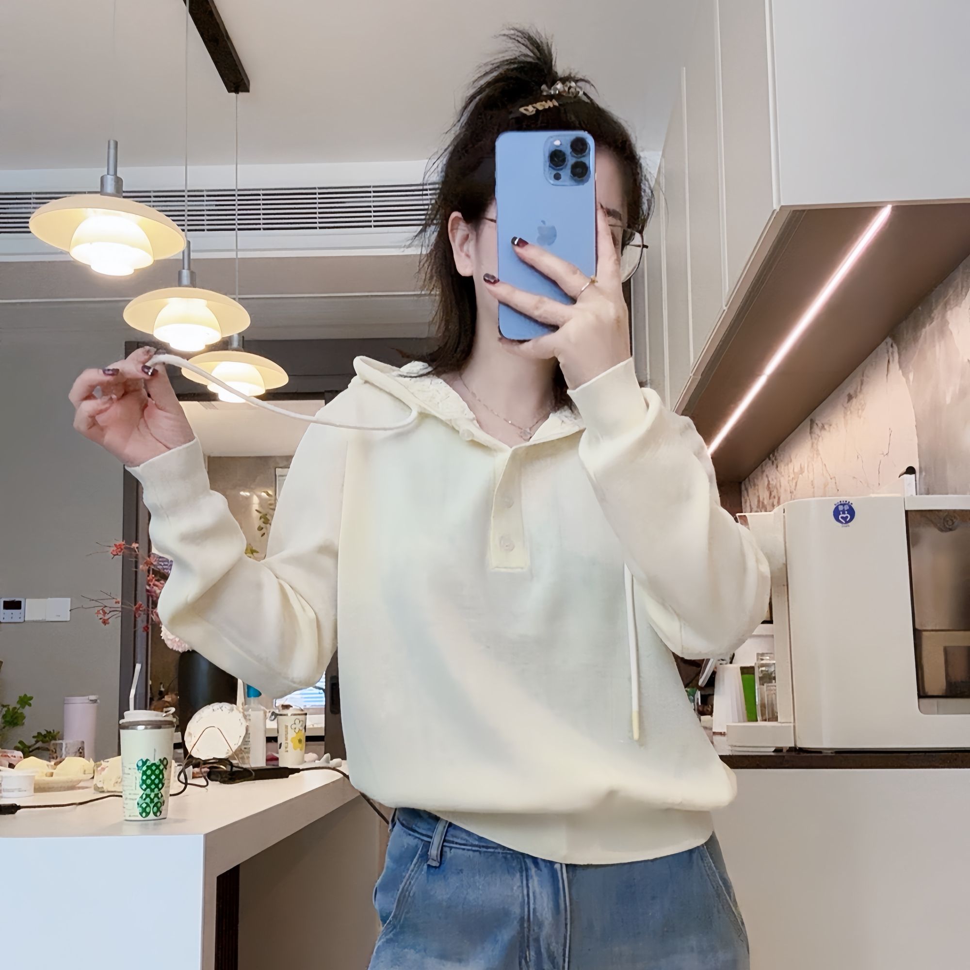 MEIZHENZI【细支绵羊毛】2025春装新款镂空钩花连帽针织衫薄款上衣