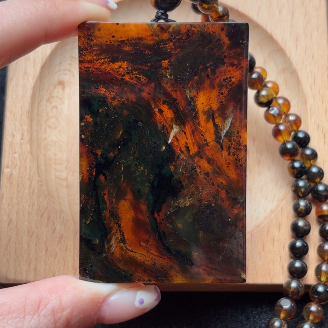 琥珀未镶嵌珠宝奇石油画风海藻无事牌套链