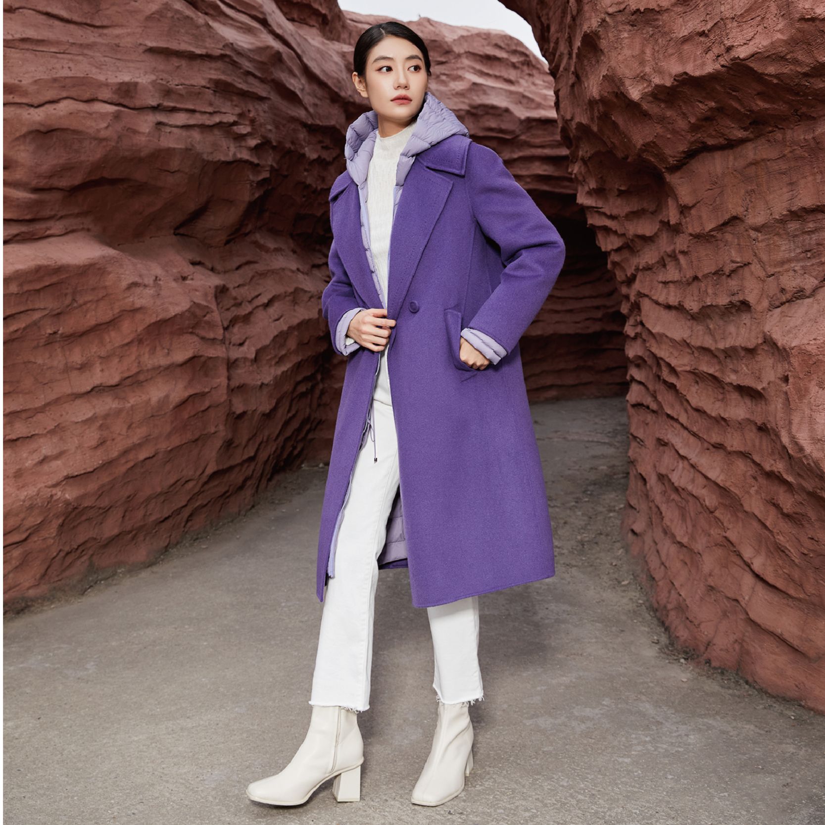 【宜宝】秋季长款时尚零压加厚连帽羽绒服欧若假日风YE6244374801