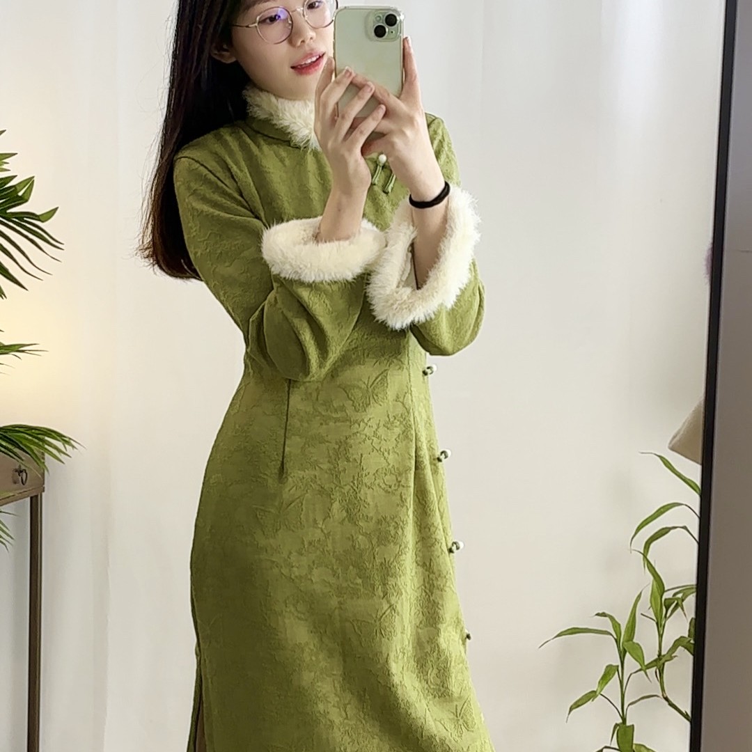 翠绒｜秋季新款绿色倒大袖旗袍加绒保暖气质小个子温柔复古日常穿