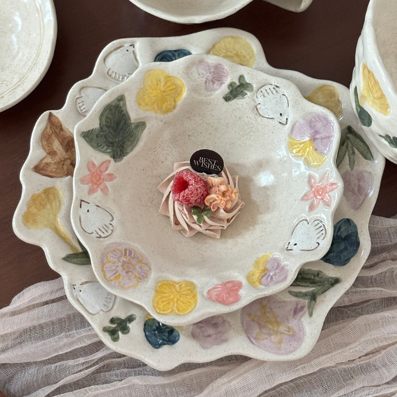 中式复古手作粗陶盘子菜盘泥上花语新款早餐盘深盘甜品点心盘饭碗