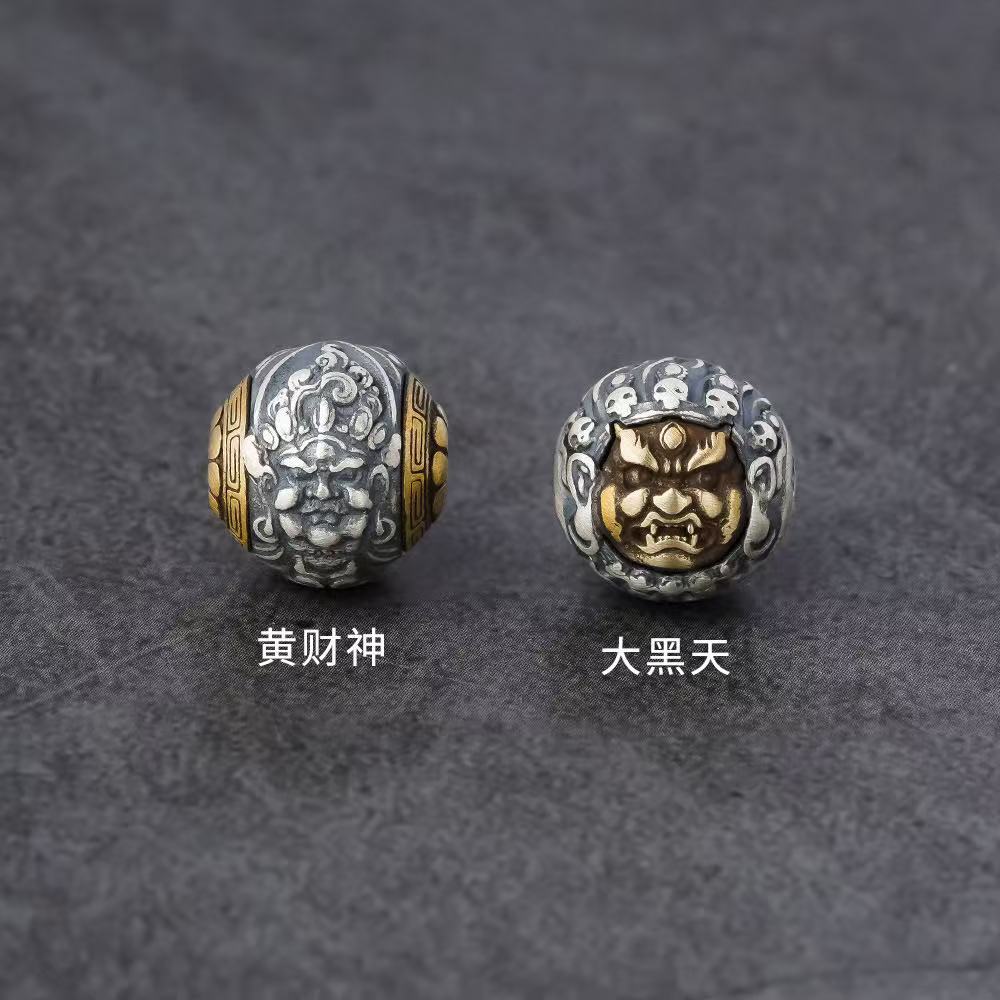 925银银制品 s925银黄财大黑天隔珠仿古文玩配饰复古黄财神雕刻