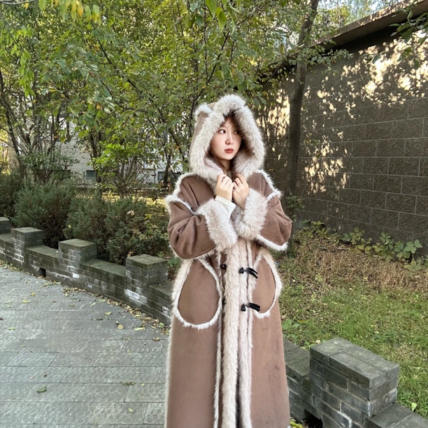 人造皮草 连帽双面穿网红氛围直下摆中长款气质冬季必备加厚外套