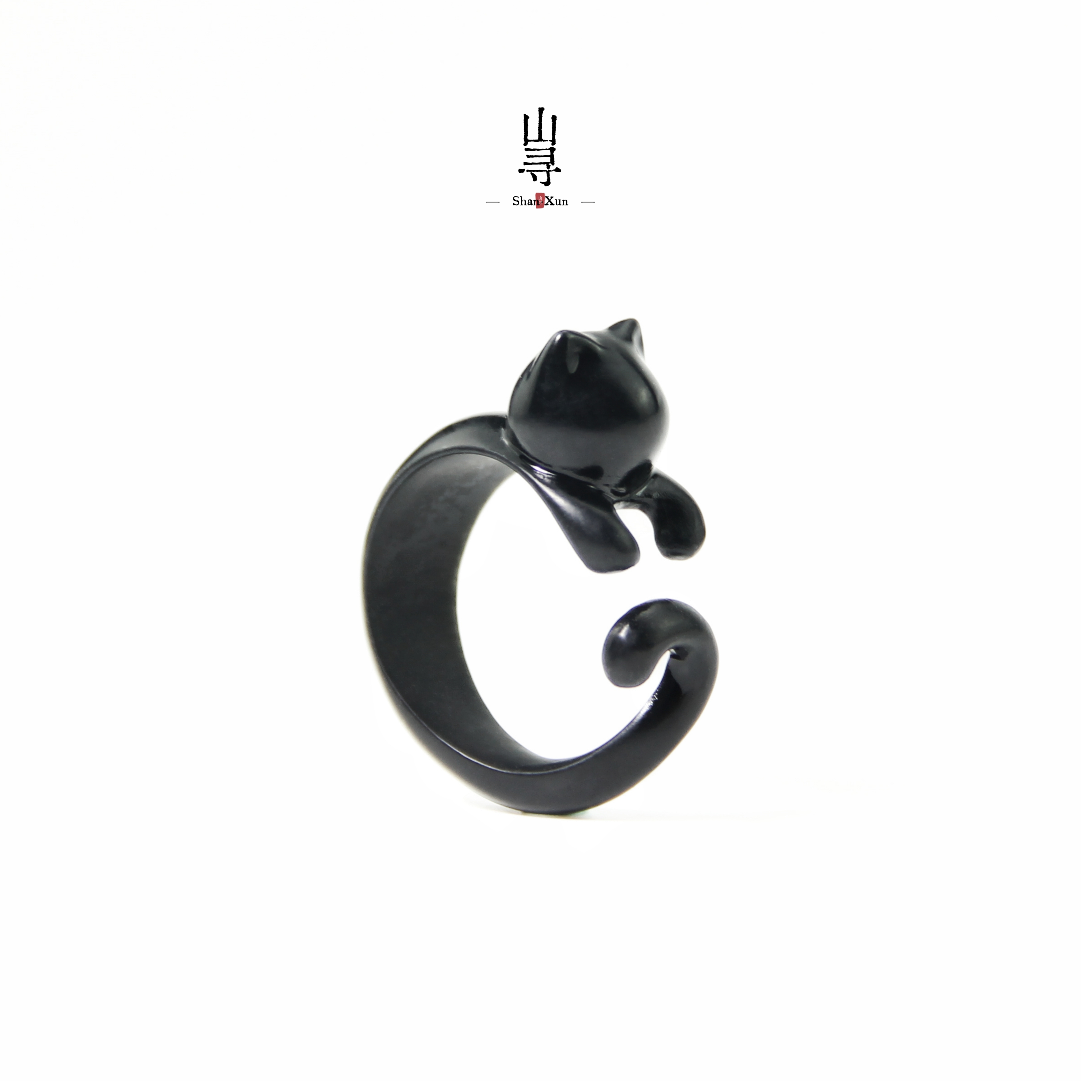 天然新疆和田玉墨玉黑猫戒指小猫咪指环戒圈时尚小众简约个性