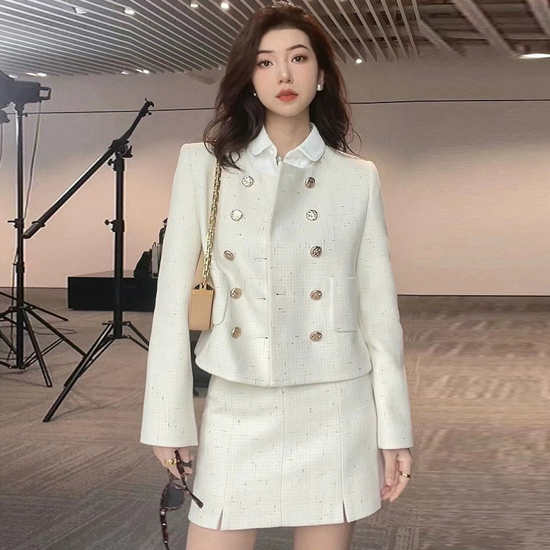 【专柜品质】秋季新款复古双排扣小香风短外套半身裙套装5400837