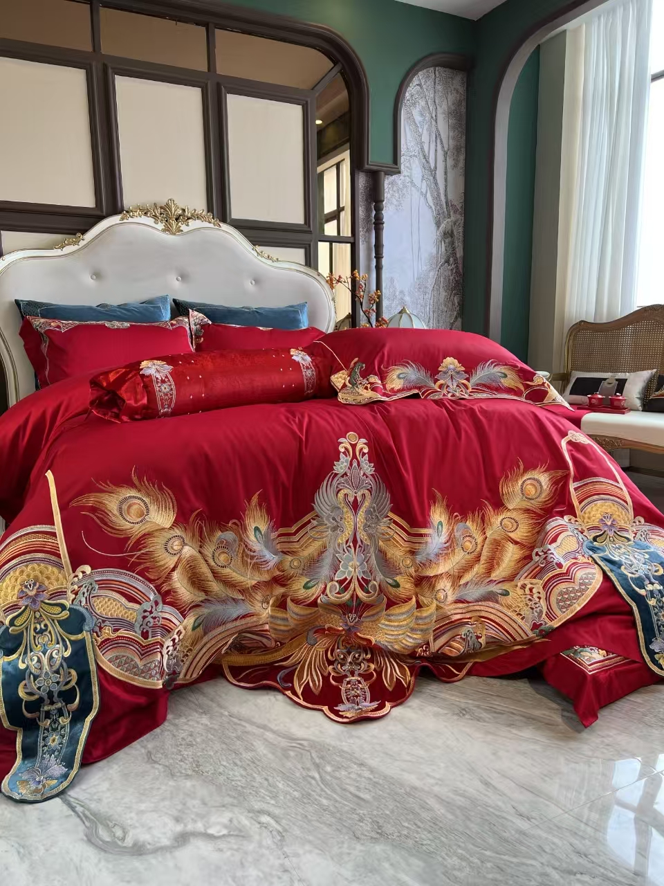 【凤爱相随】重工刺绣婚庆四件套被罩床单高档被套大红色床上用品