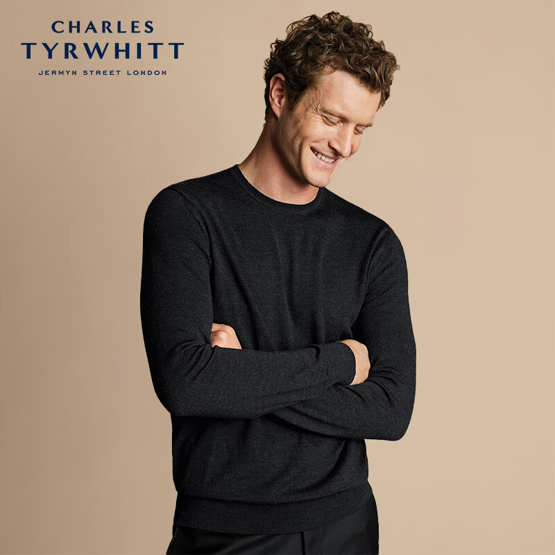 CHARLES TYRWHITT炭灰美丽奴羊毛圆领针织衫